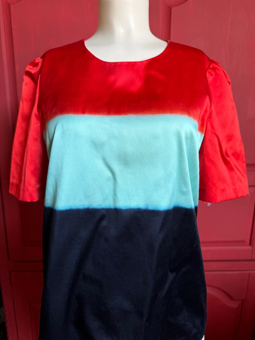 Kate Spade Taylor Ave Colorblock Satin Puff Sleeve Blouse Size 4 Red Aqua Navy